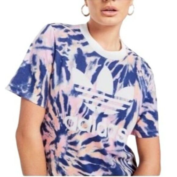 Adidas Womens Top Blue L 3 Stripe Tie Dye Crop Top Crew Neck Pink New - Picture 7 of 7
